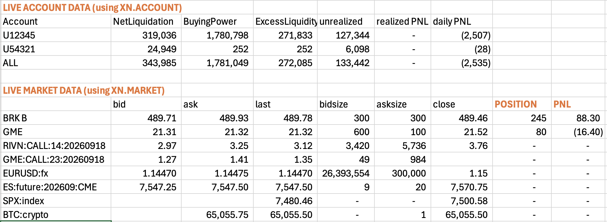Excel worksheet showing live account and market data formulas