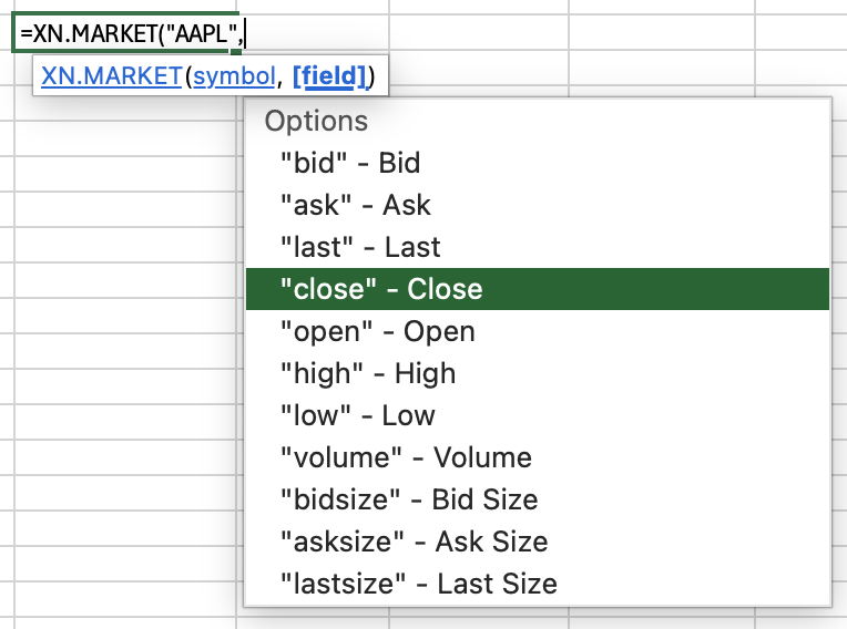 Excel tooltip showing XN.MARKET field options